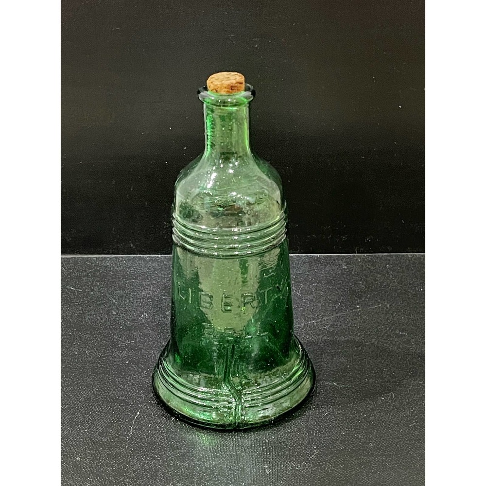 Vintage Wheaton Liberty Bell Shaped Green Glass Apothecary Jar Cork Bottle